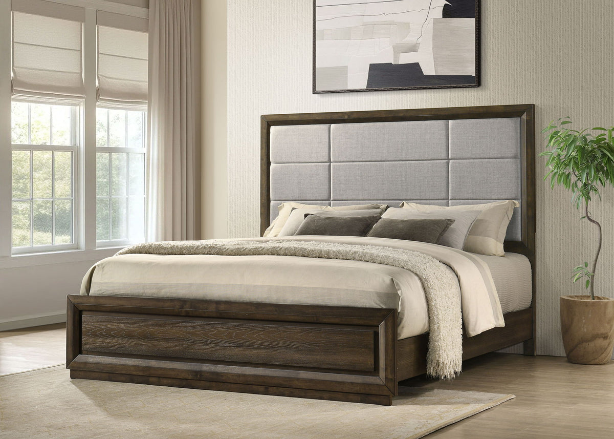 Atlas 63-inch Eastern King Upholstered Panel Bed Grey and Dark Oak