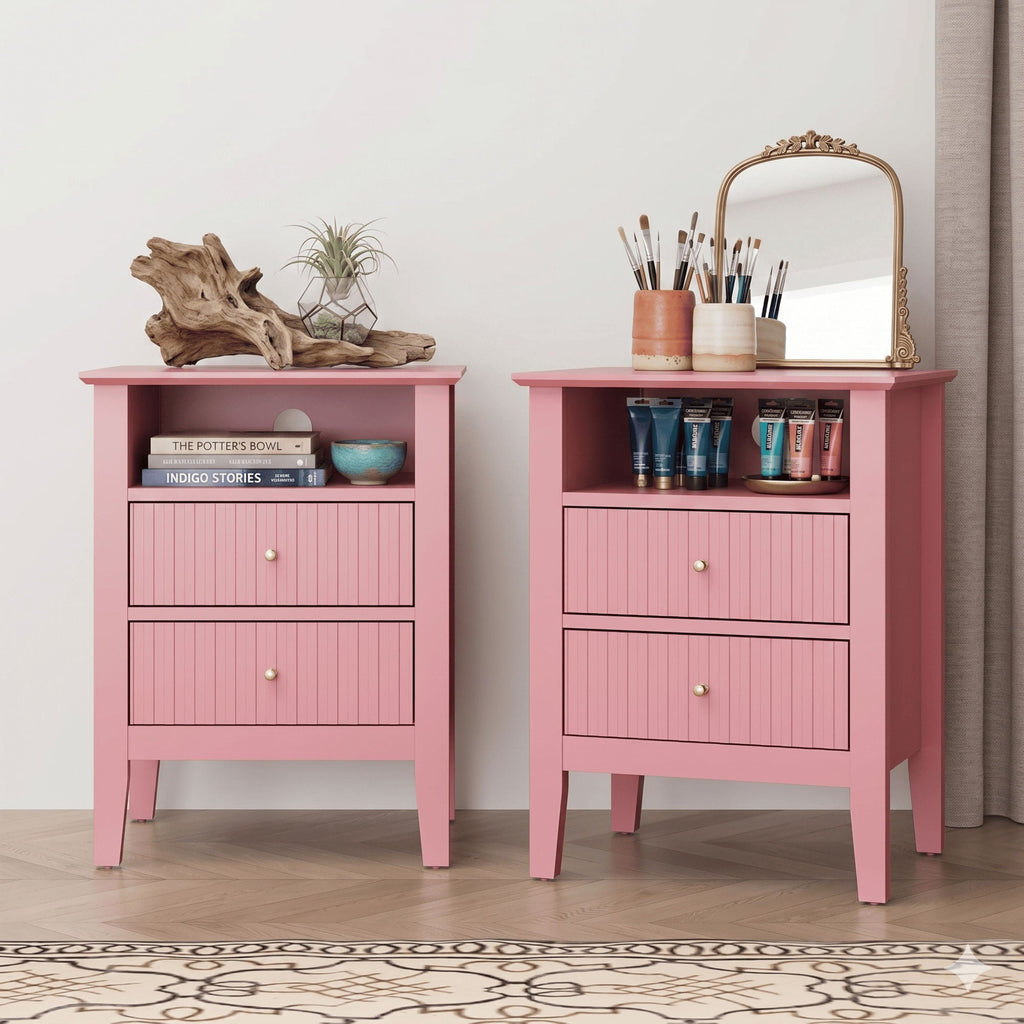 Fluted Nightstand with 2 Drawers and Soft-Close Slides - Multiple Colors