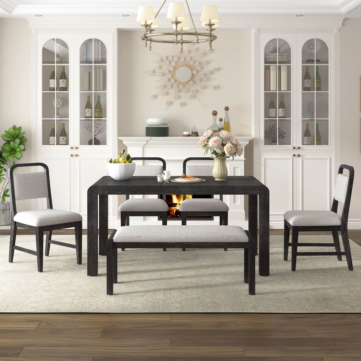 Extendable Dining Table Set with 4 Upholstered Chairs and 1 Bench