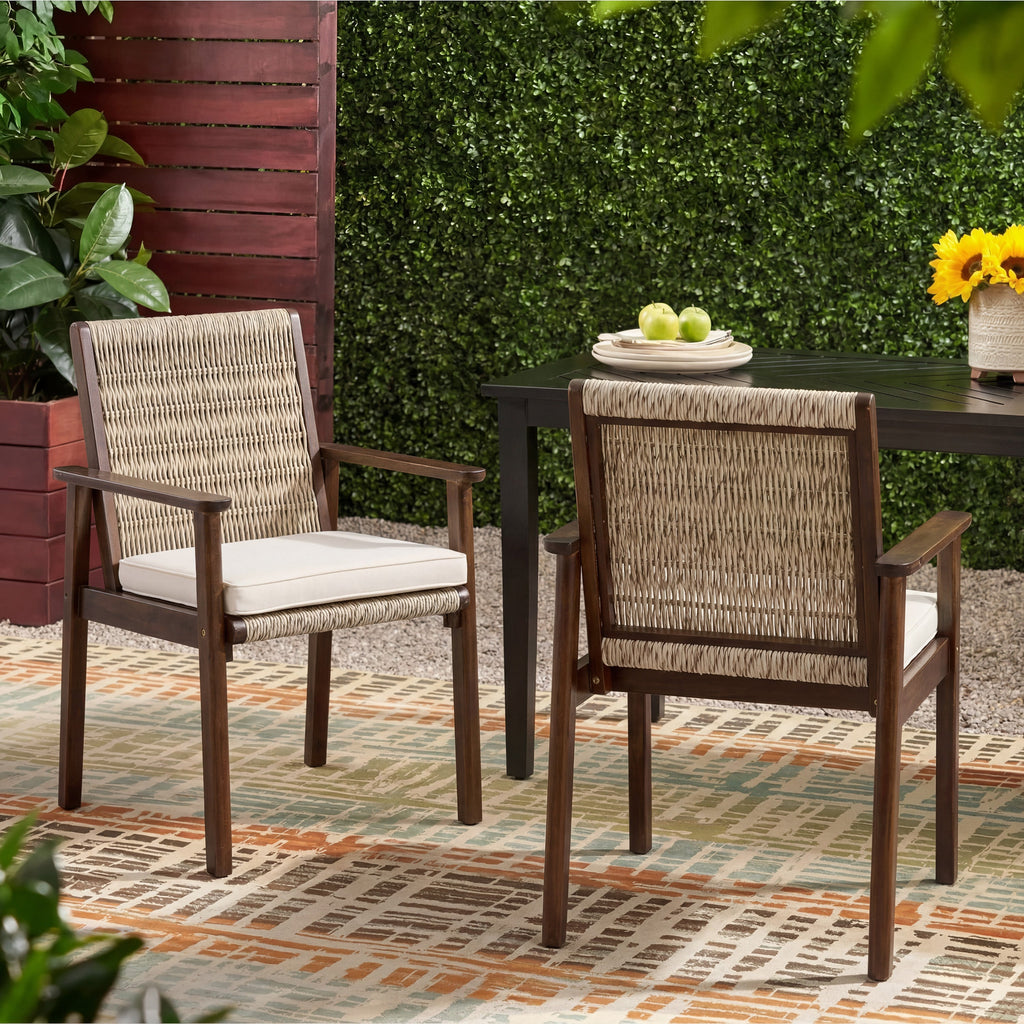 Acacia Wood Outdoor Dining Chair Set with Wicker Rattan and Waterproof Cushions