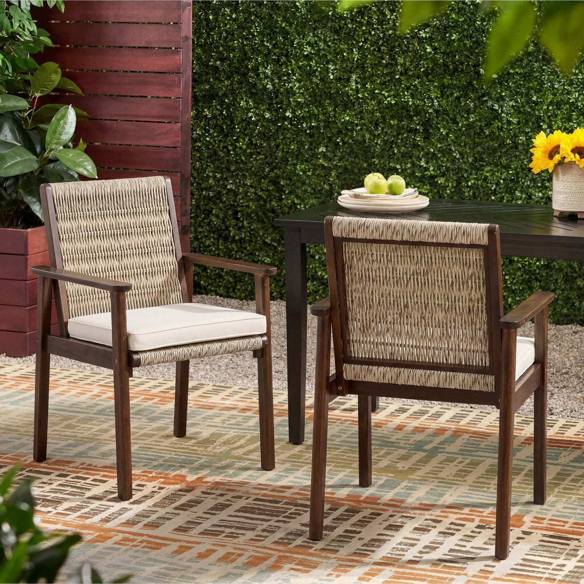 Acacia Wood Outdoor Dining Chair Set with Wicker Rattan and Waterproof Cushions