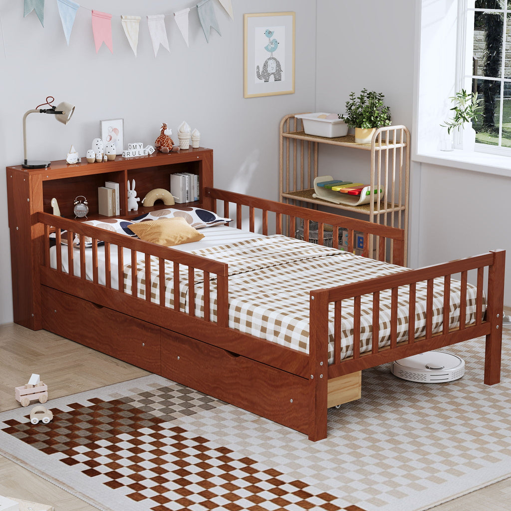 Twin Storage Bed with Headboard Rack & Under-Bed Drawers - Multiple Colors