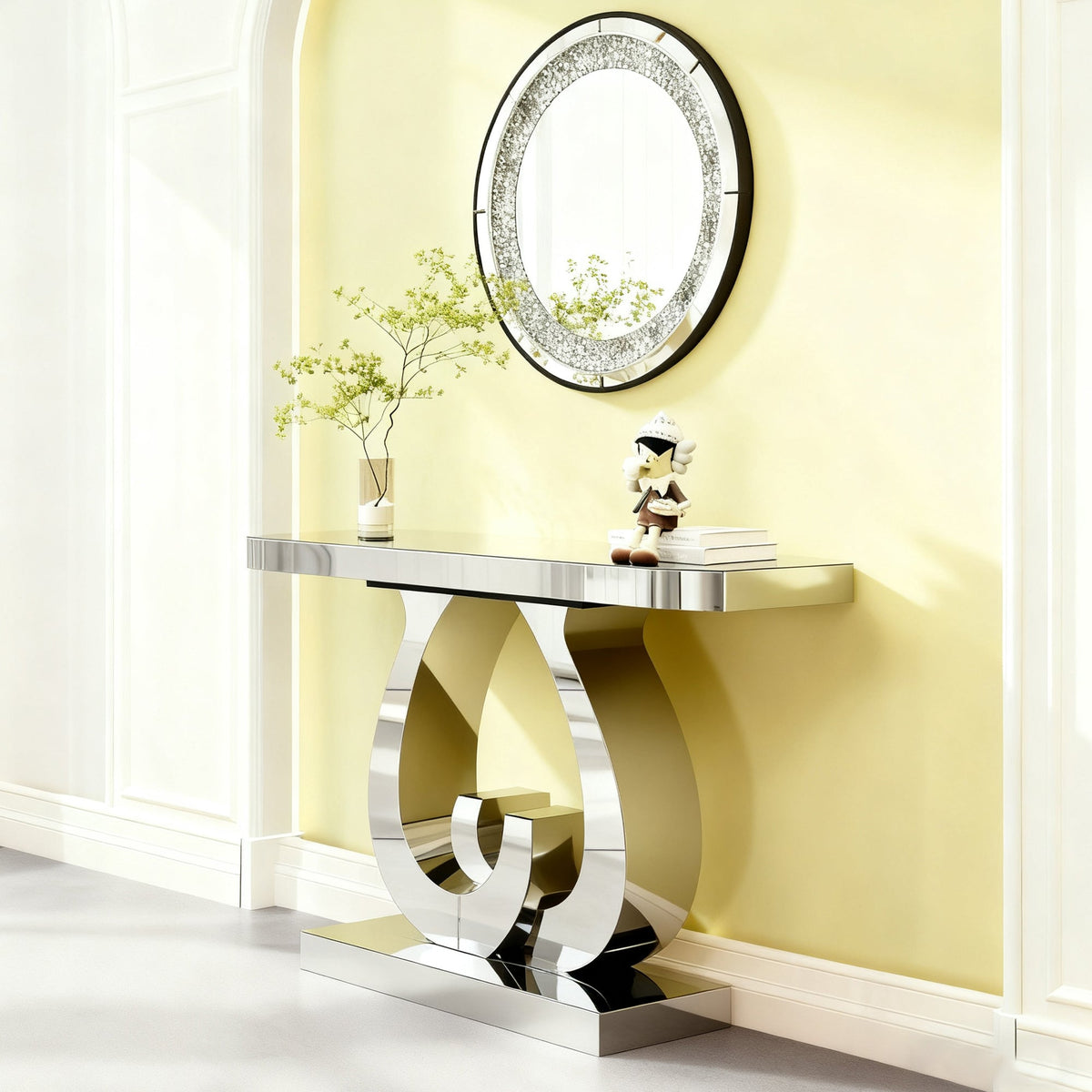 Modern Mirror Side Table with Double C-Shape Base - Silver Mirror
