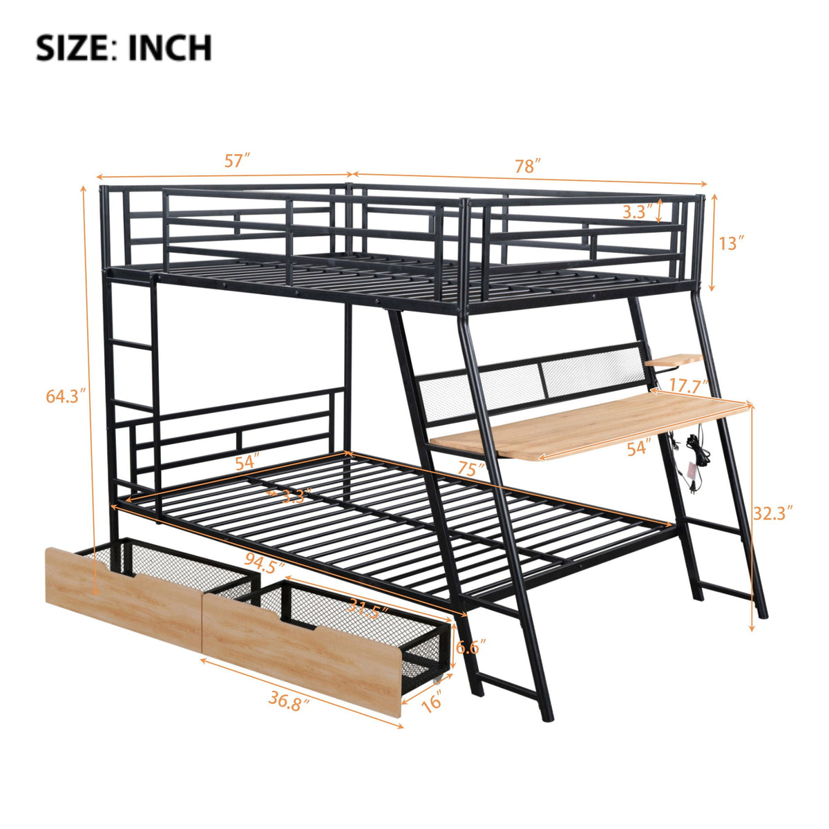 Full Size Bunk Bed with Built-In Desk, Light & 2 Drawers - Black
