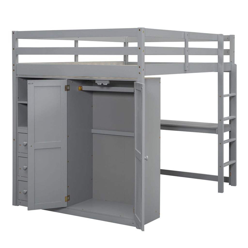 Full Size Loft Bed with Built-In Wardrobe, Shelves, and Drawers - White or Dark Gray