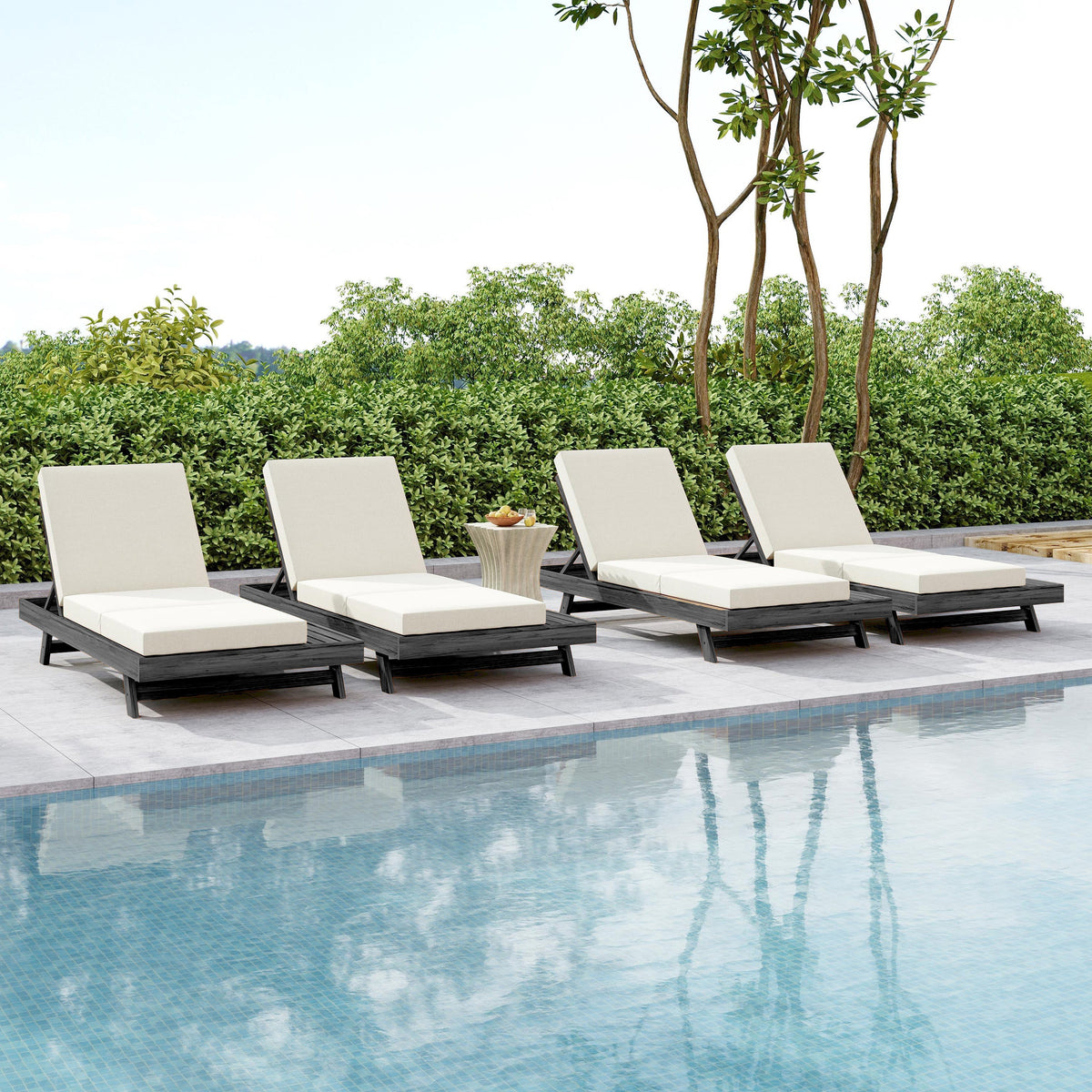 Acacia Solid Wood Lounge Chaise Set with Water-Resistant Cushion - Black