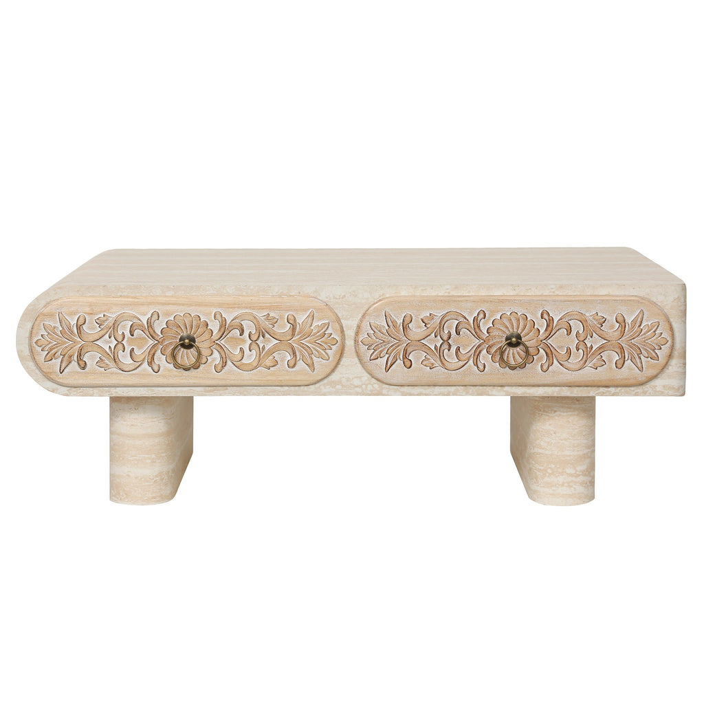 Rounded Edge Coffee Table with Solid Wood Drawer - Flower Pattern