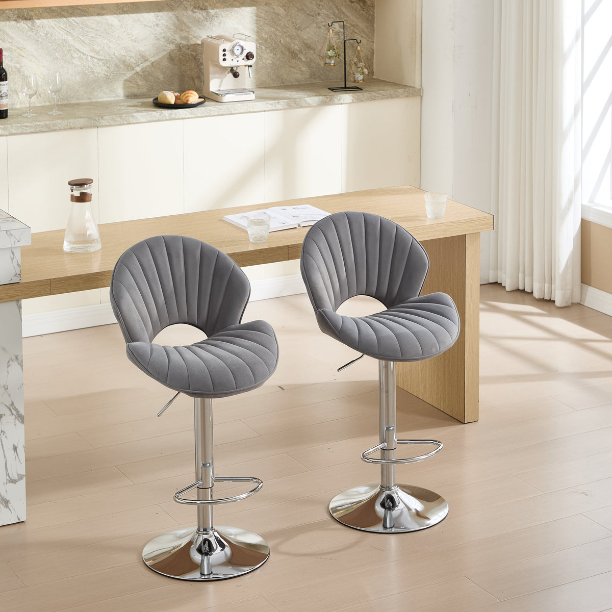 Grey Adjustable Bar Stools Set of 2 with Back and Footrest