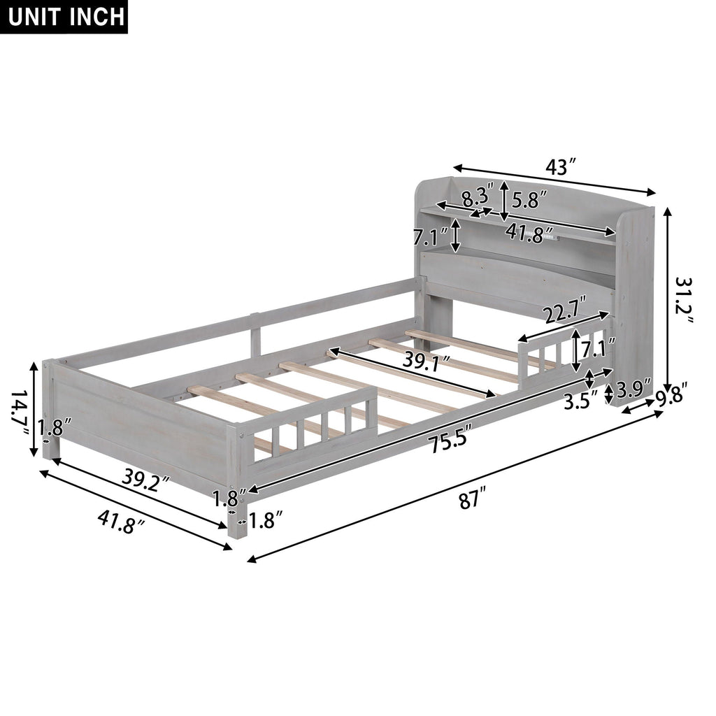 Wood Platform Storage Bed with LED Light & Storage Headboard - White or Dark Gray
