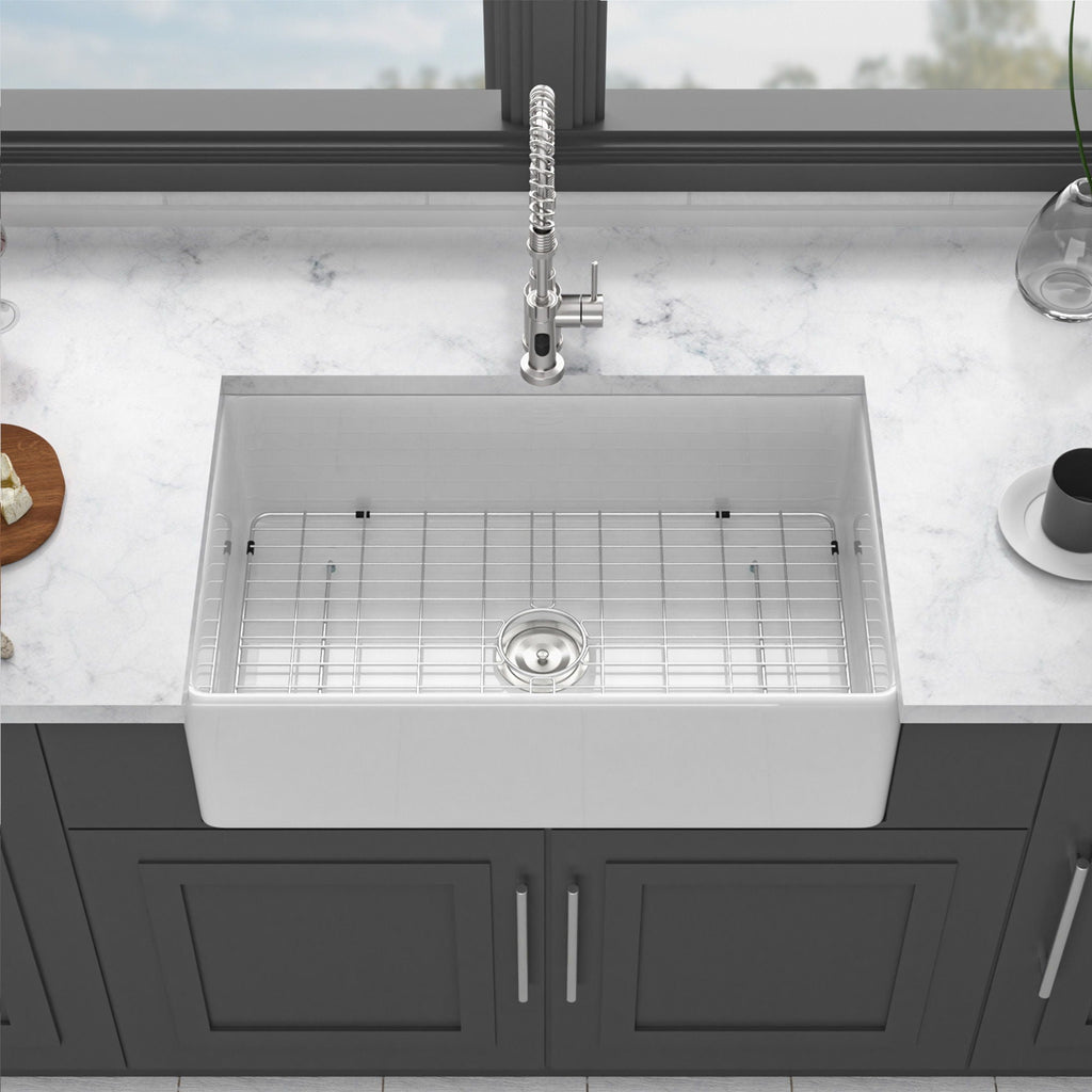 Ceramic Farmhouse Sink with Deep Basin and Stainless Steel Grid - White