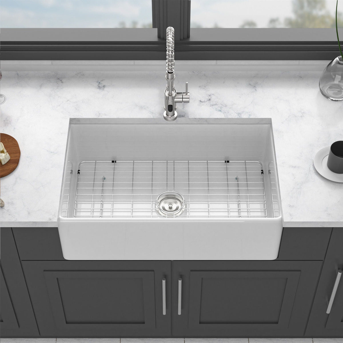 Ceramic Farmhouse Sink with Deep Basin and Stainless Steel Grid - White