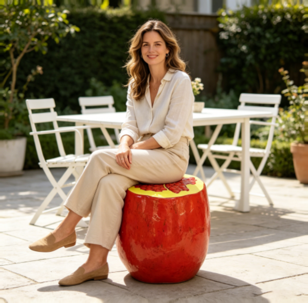Oversized Pomegranate Fruit Stool with Durable Resin – Red
