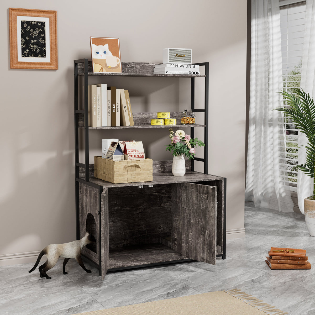 Large Cat Litter Box Enclosure with Shelf Storage - Grey