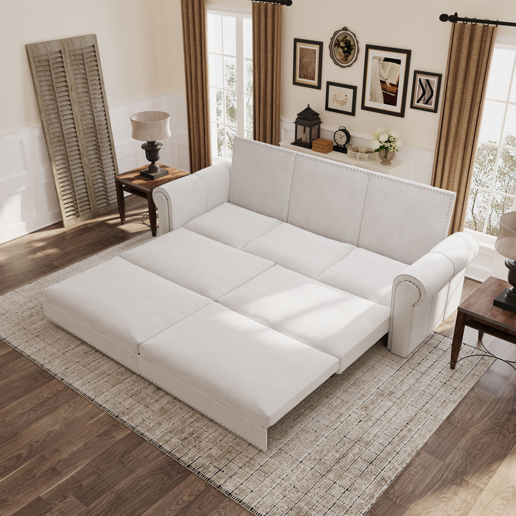 Beige 3-in-1 Convertible Sleeper Sofa Bed with Nailhead Trim – Fabric