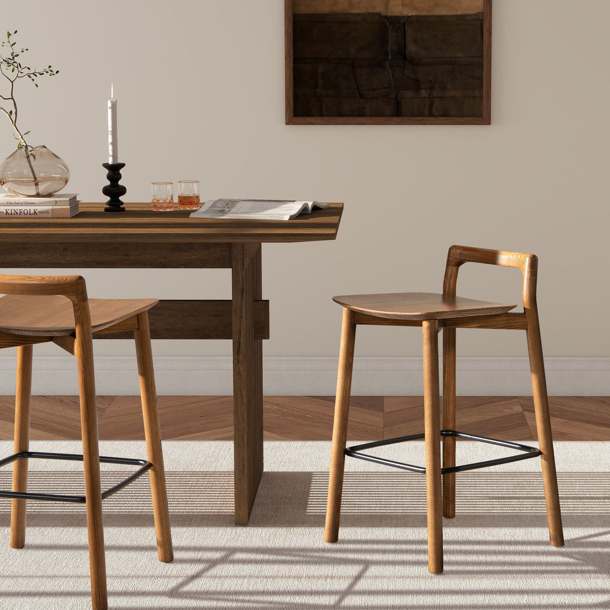 Modern Minimalist Low Back Counter Stool with Ash Wood Construction - Dark Brown Walnut