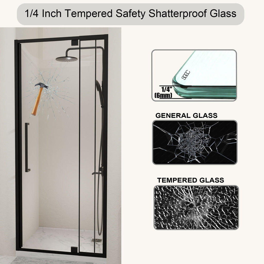 Semi Frameless Pivot Hinged Shower Door with Reversible Design - Black