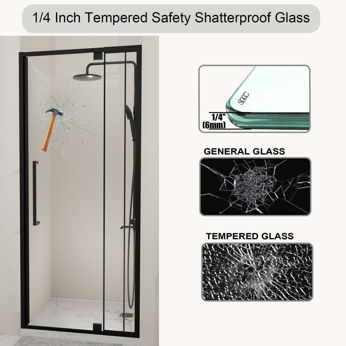 Semi Frameless Pivot Hinged Shower Door with Reversible Design - Black
