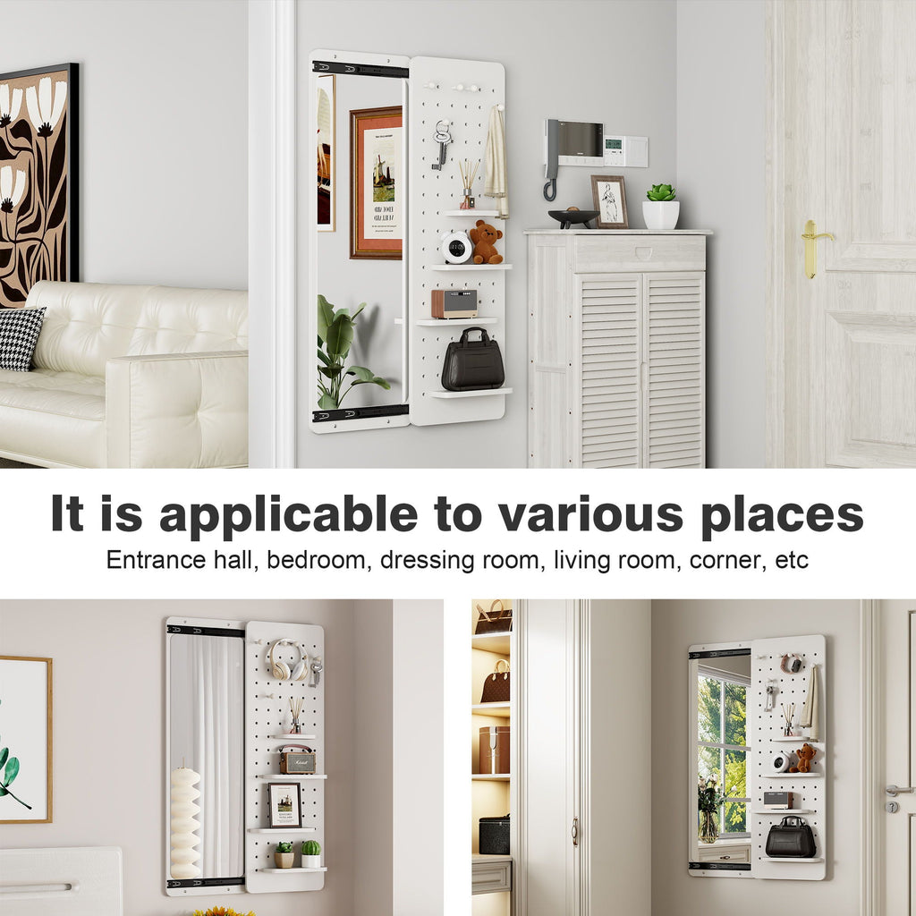 Full Length Wall Mounted Mirror with Shelf and Hook - Dark Brown, White, or Light Brown