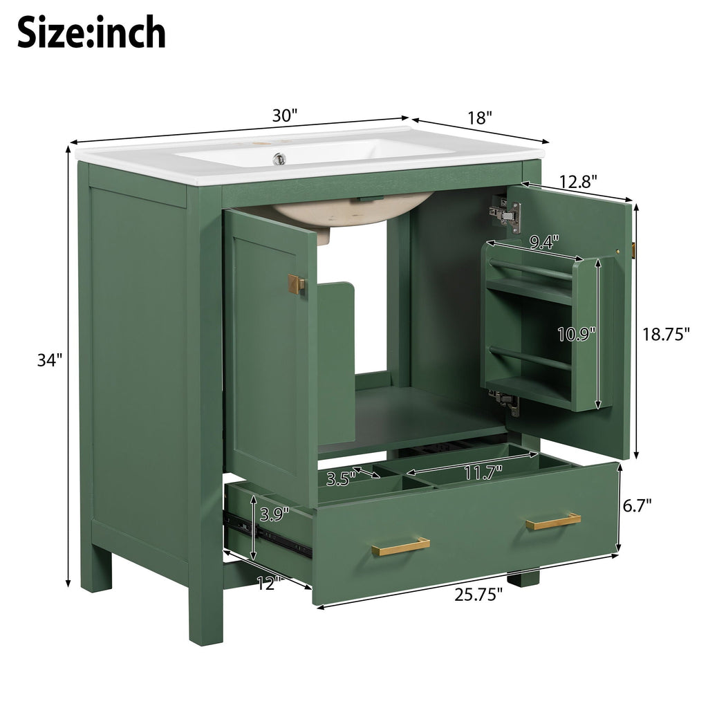 Green Bathroom Vanity with Single Undermount Sink and Storage - Solid Wood