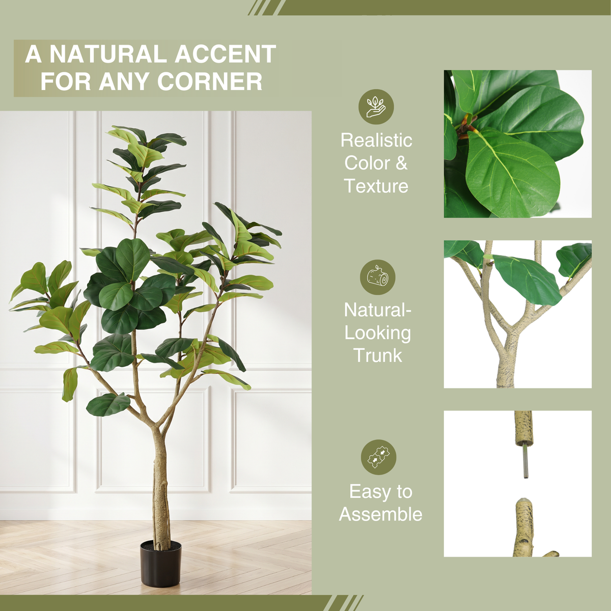 6FT Artificial Fiddle Leaf Fig Tree with Realistic Green Leaves - Black Pot