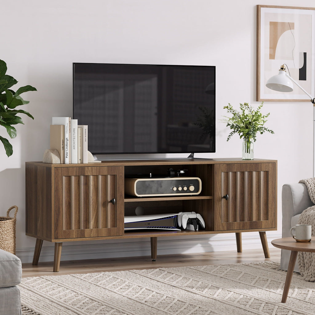 55" TV Cabinet with Vertical Groove Doors & Adjustable Shelves - Walnut