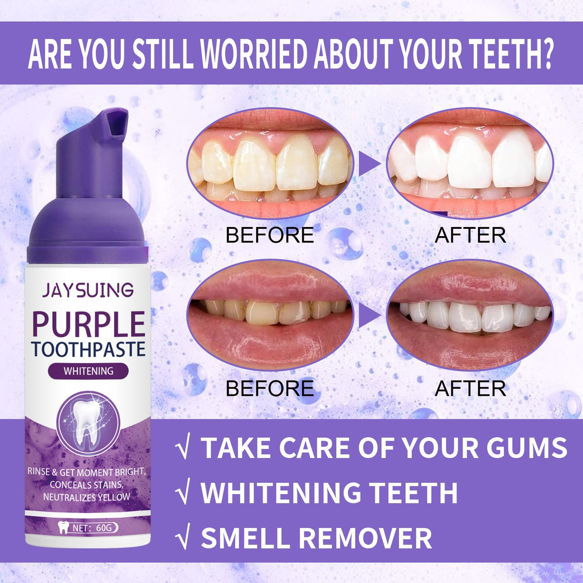 Purple Tooth Whitening Toothpaste, Brightens Teeth Cleans Stains And Relieves Bad Breath Beautiful Teeth Toothpaste