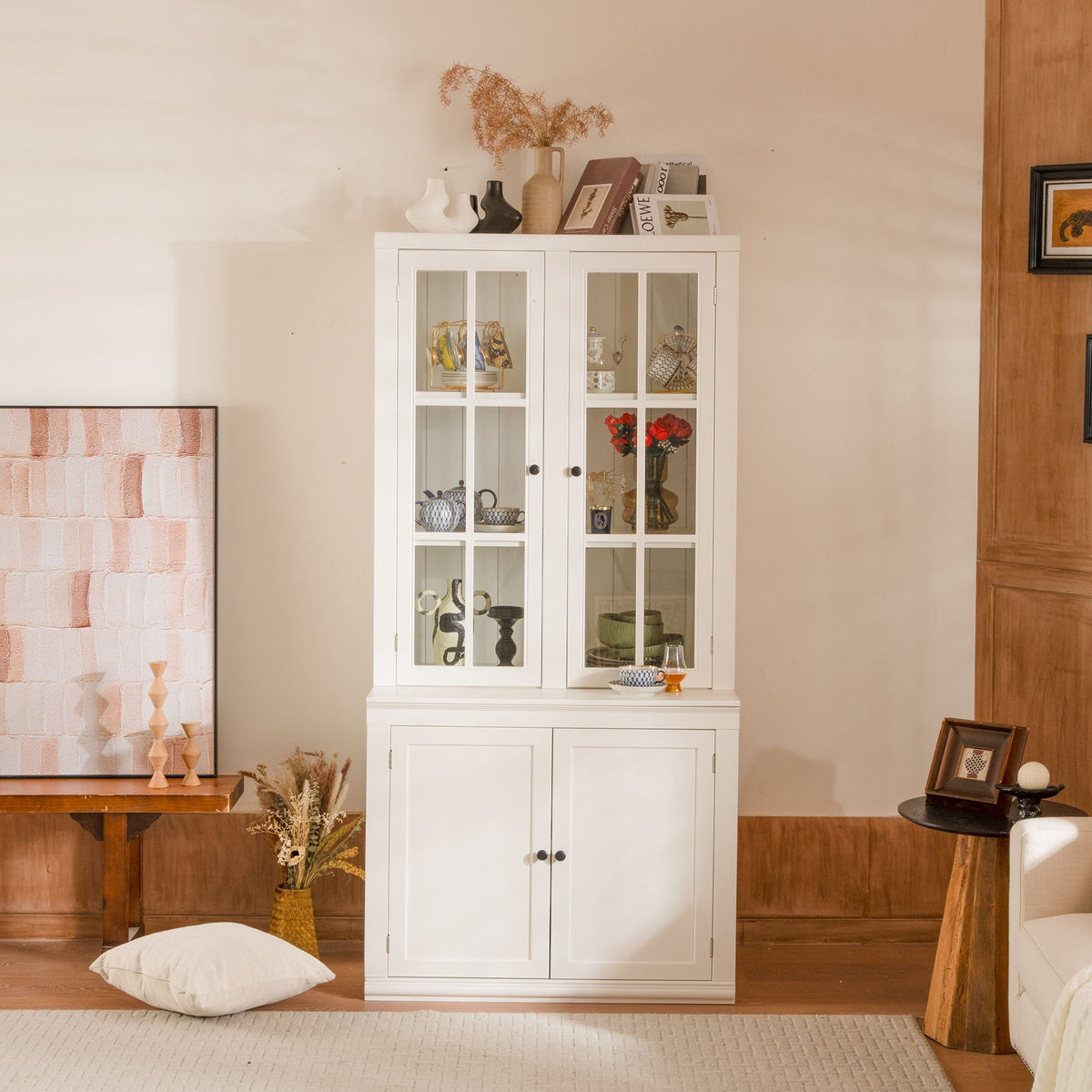 Retro Style Hutch Cabinet with Glass Door - White