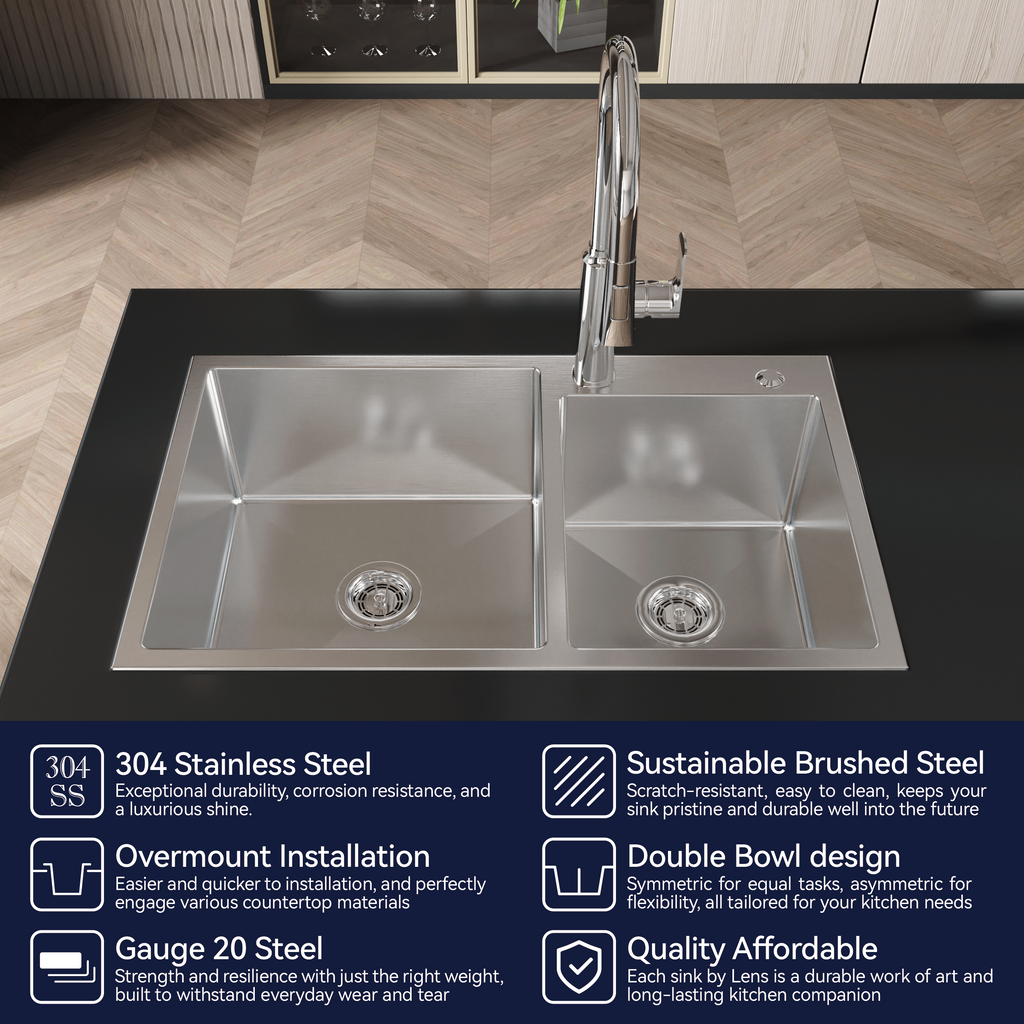 Stainless Steel Kitchen Sink with Double Bowl - Brushed Nickel