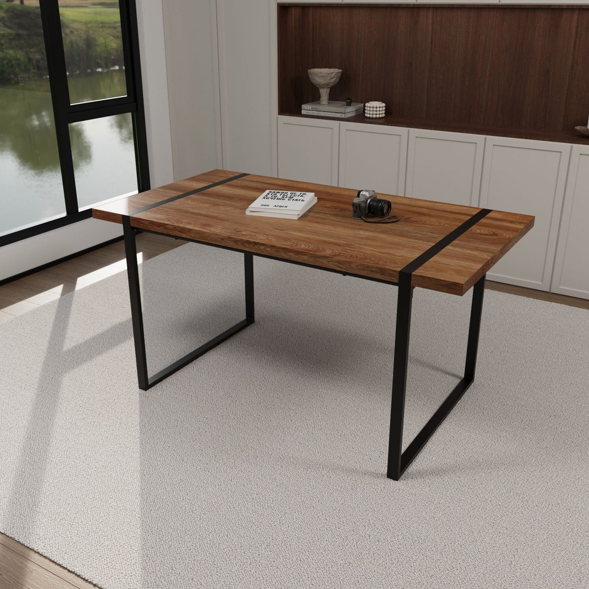 Rectangular Wood Dining Table with Metal Legs - 4 to 6 Person Capacity