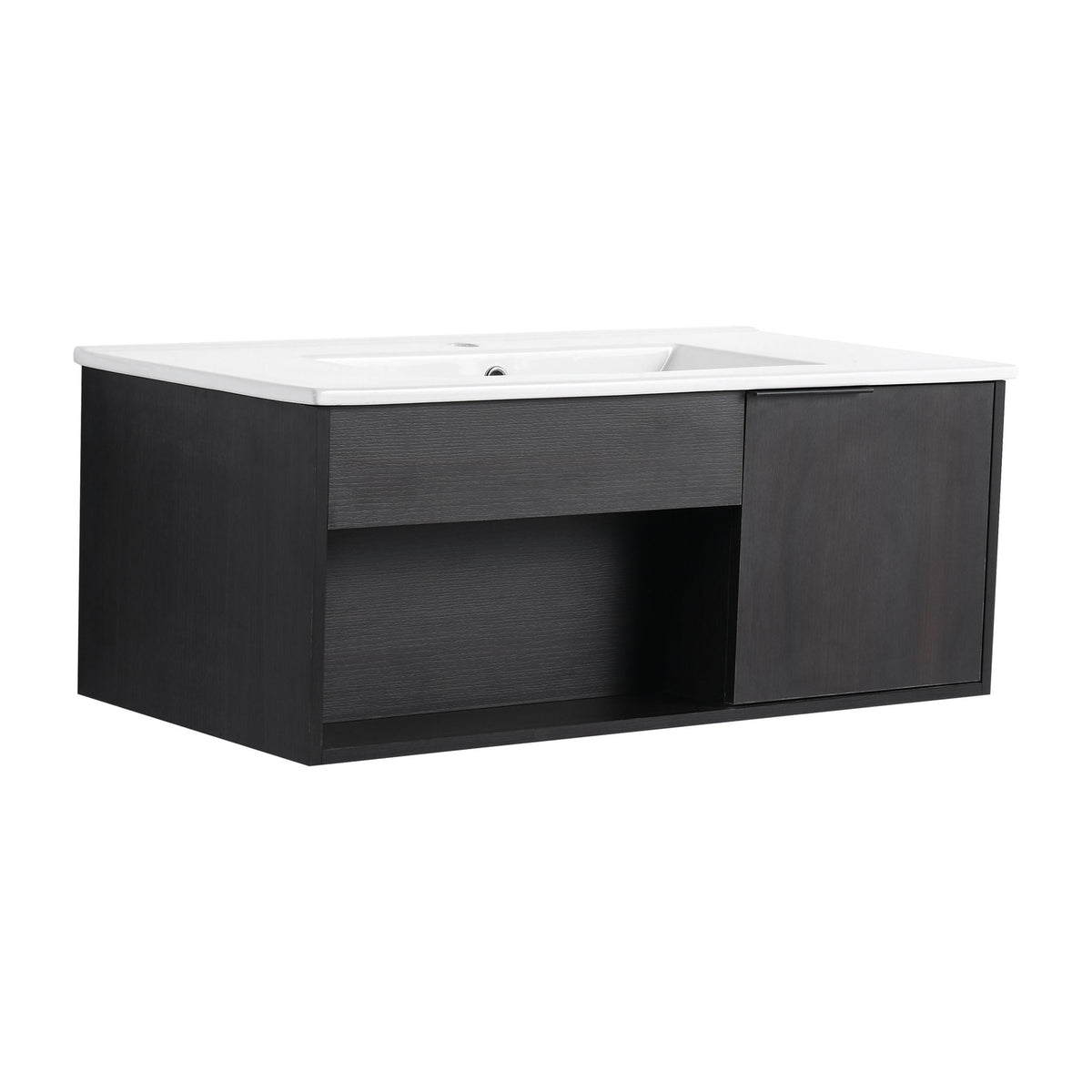 Wall Mounted Floating Bathroom Vanity with Open Shelf & Soft Close Door - Dark Brown