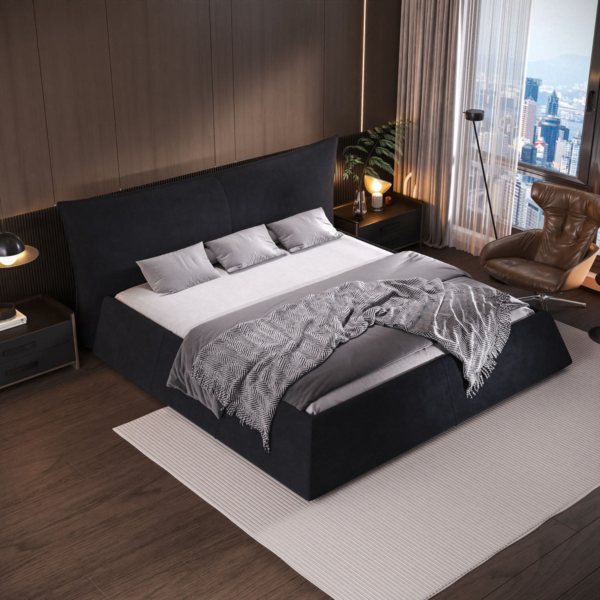 Upholstered Platform Bed with Special Shaped Headboard - Black or Beige