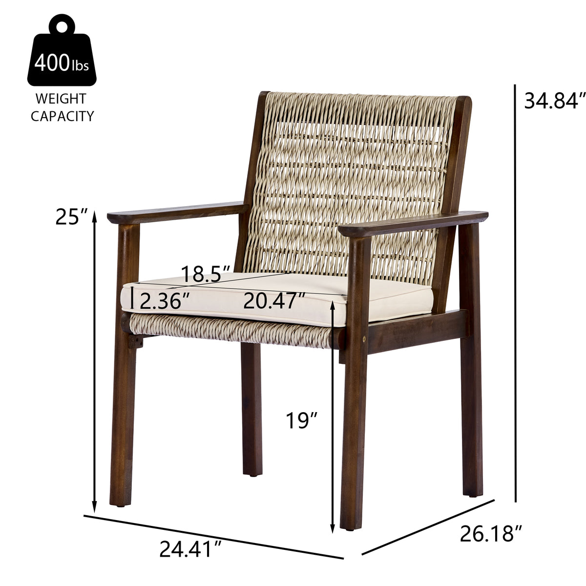 Acacia Wood Outdoor Dining Chair Set with Wicker Rattan and Waterproof Cushions