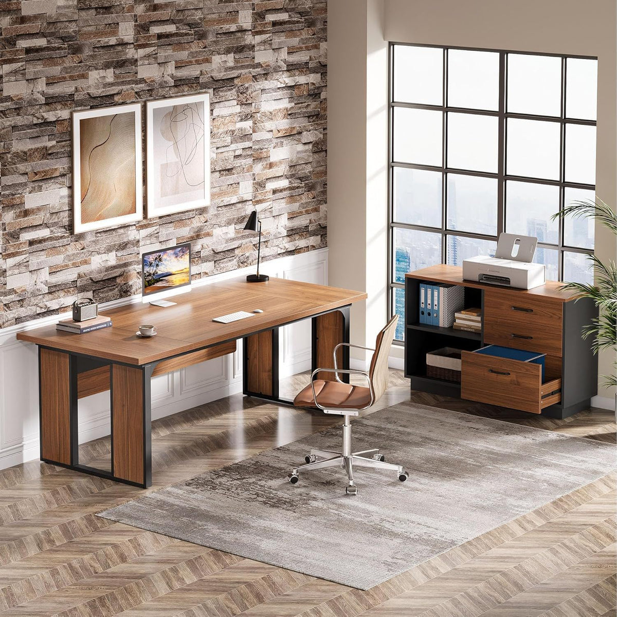 L-Shaped Executive Desk with File Cabinet - Brown / Black