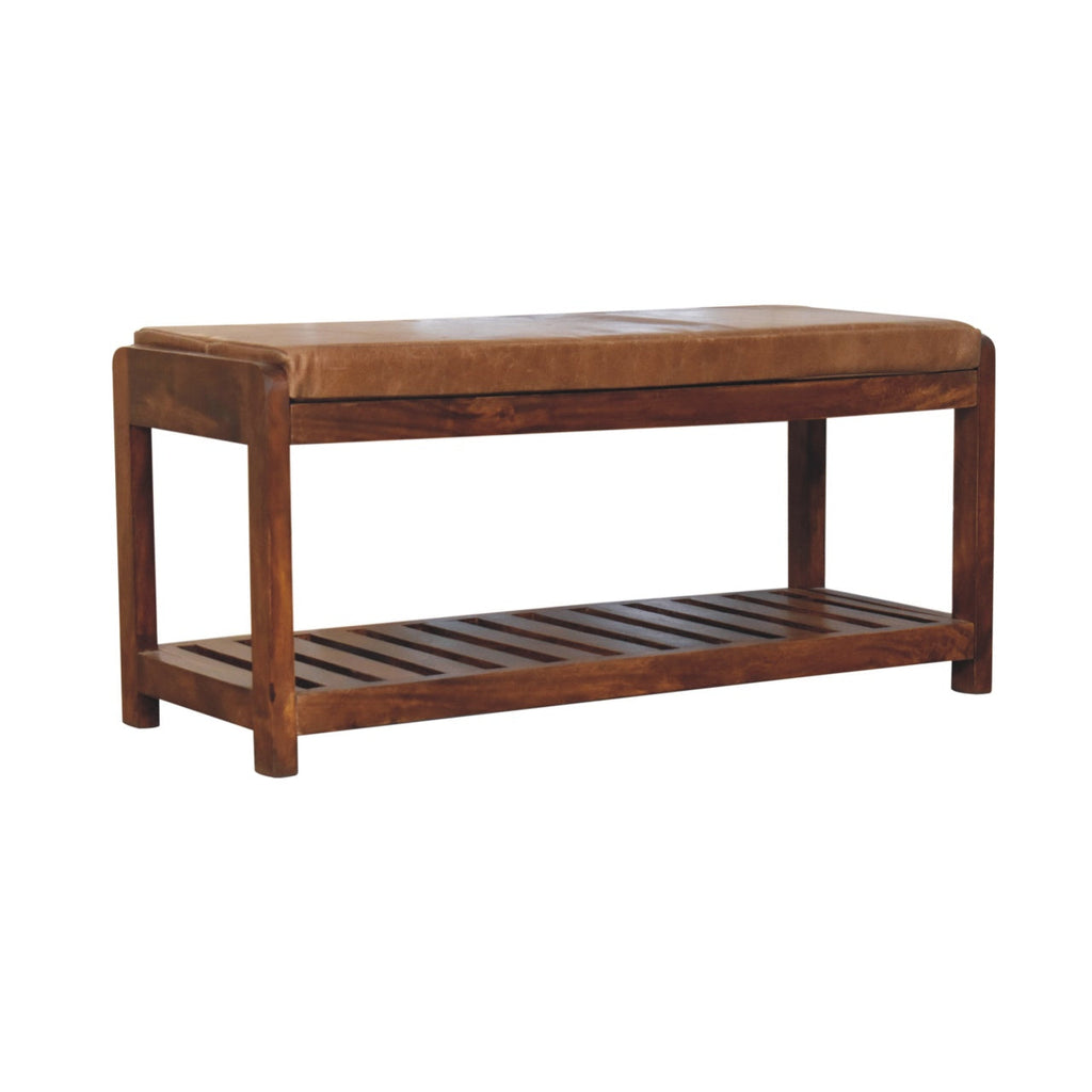 Solid Wood Slatted Bench with Leather Upholstery and Open Storage - Chestnut