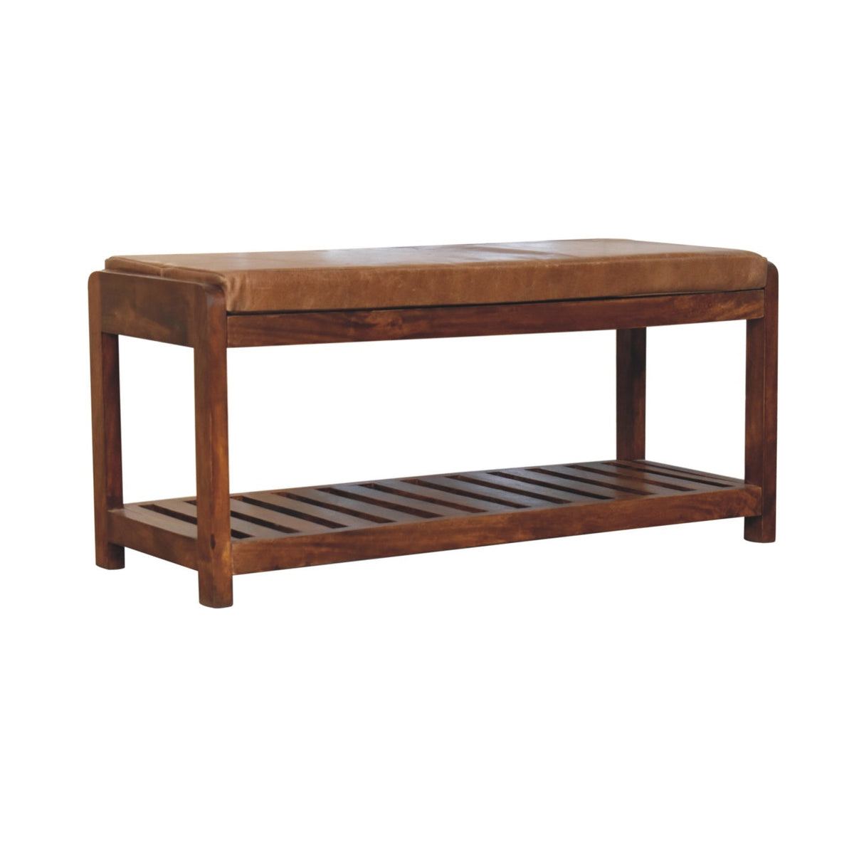 Solid Wood Slatted Bench with Leather Upholstery and Open Storage - Chestnut