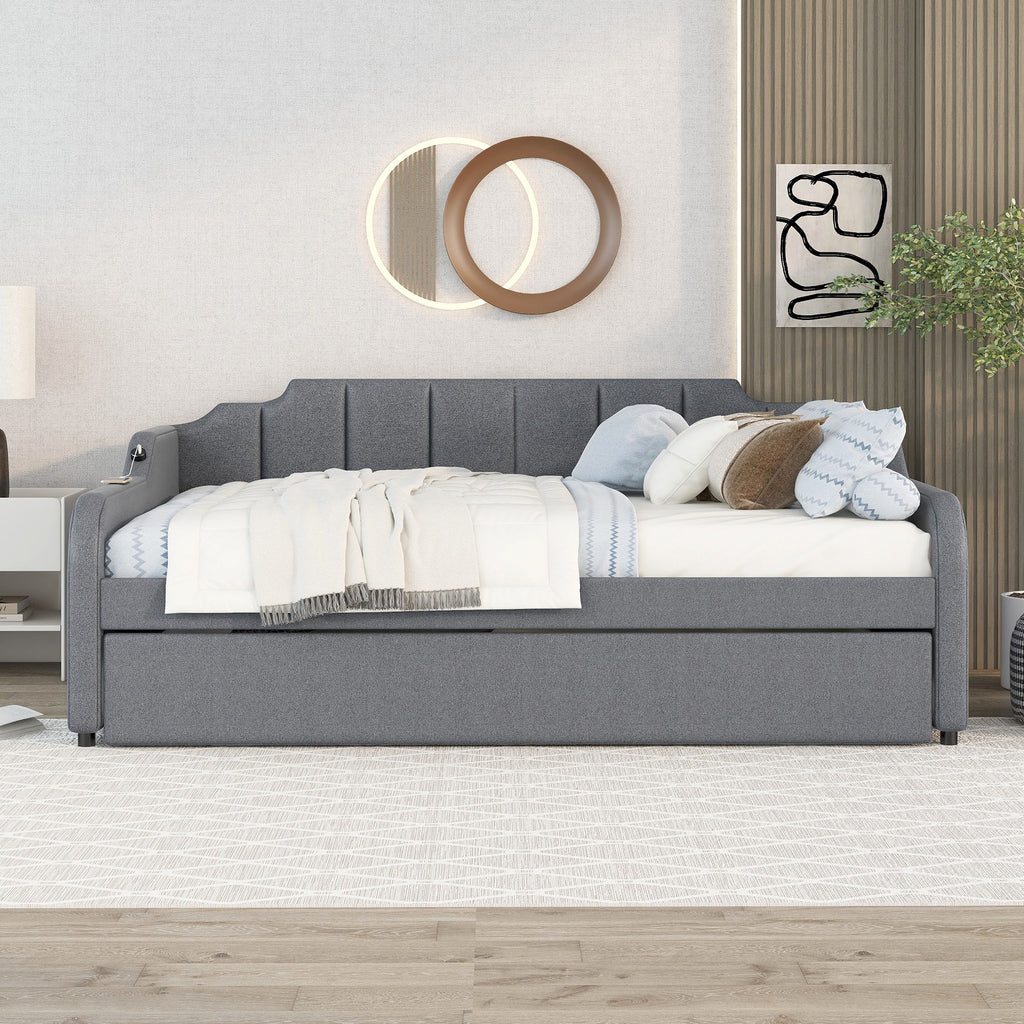 Full Size Upholstered Daybed with Trundle and USB Charging - Gray