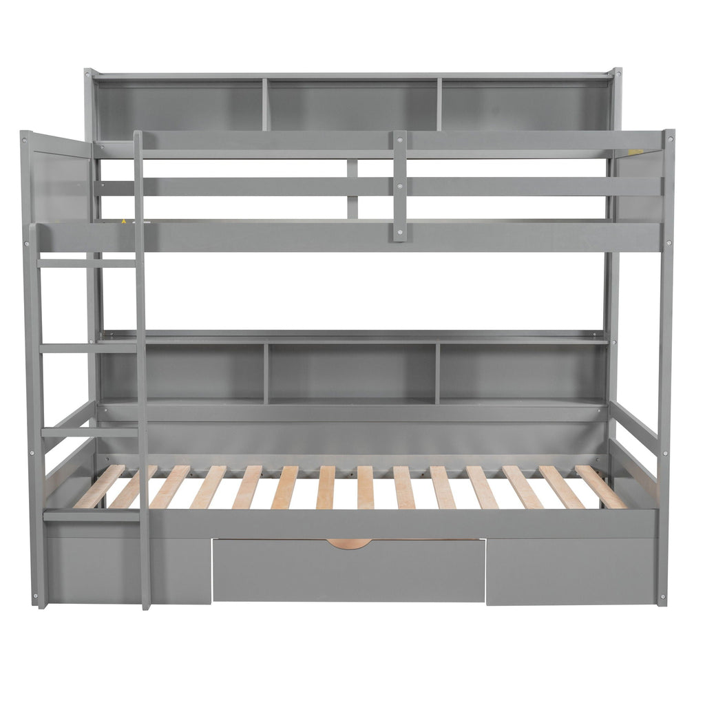 Twin Size Bunk Bed with Built-In Shelves and Storage Drawer - Dark Gray or White