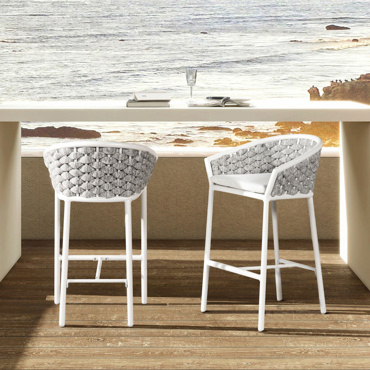 Optic White Rope Barrel Low Back Patio Counter Stool Set of 2 with Weather-Resistant Design