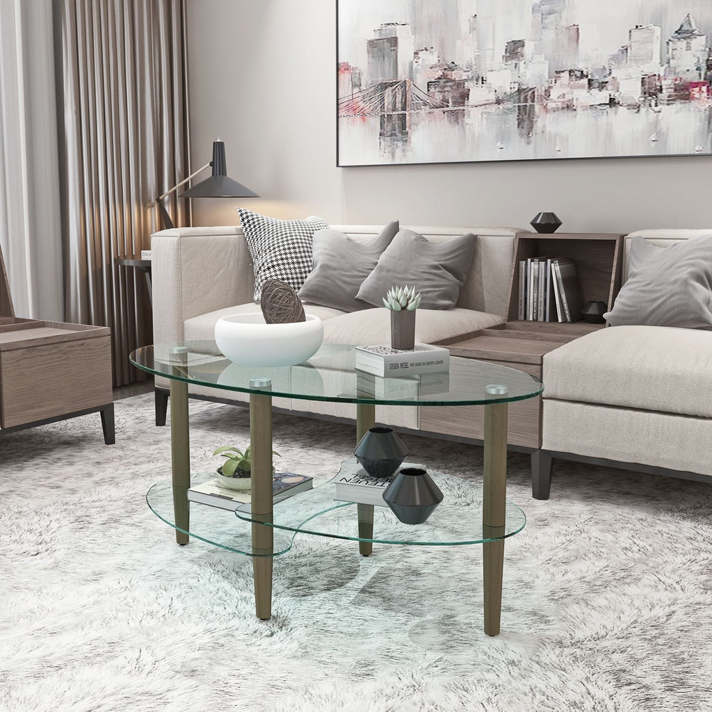 Transparent Oval Glass Coffee Table with 3-Layer Tempered Glass - White or Light Brown