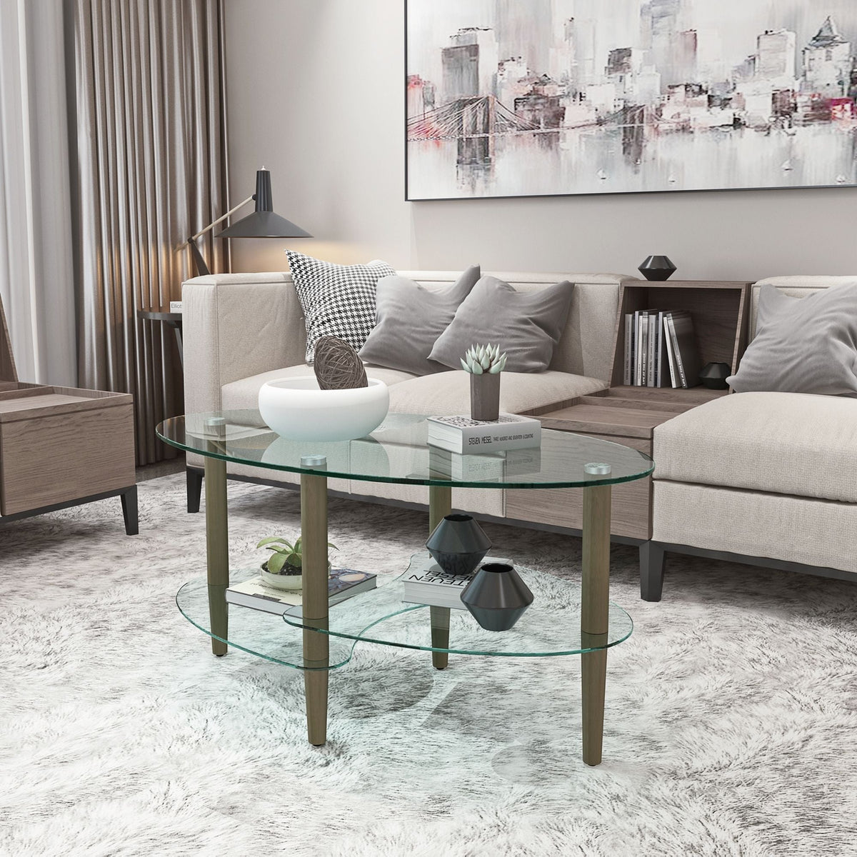 Transparent Oval Glass Coffee Table with 3-Layer Tempered Glass - White or Light Brown