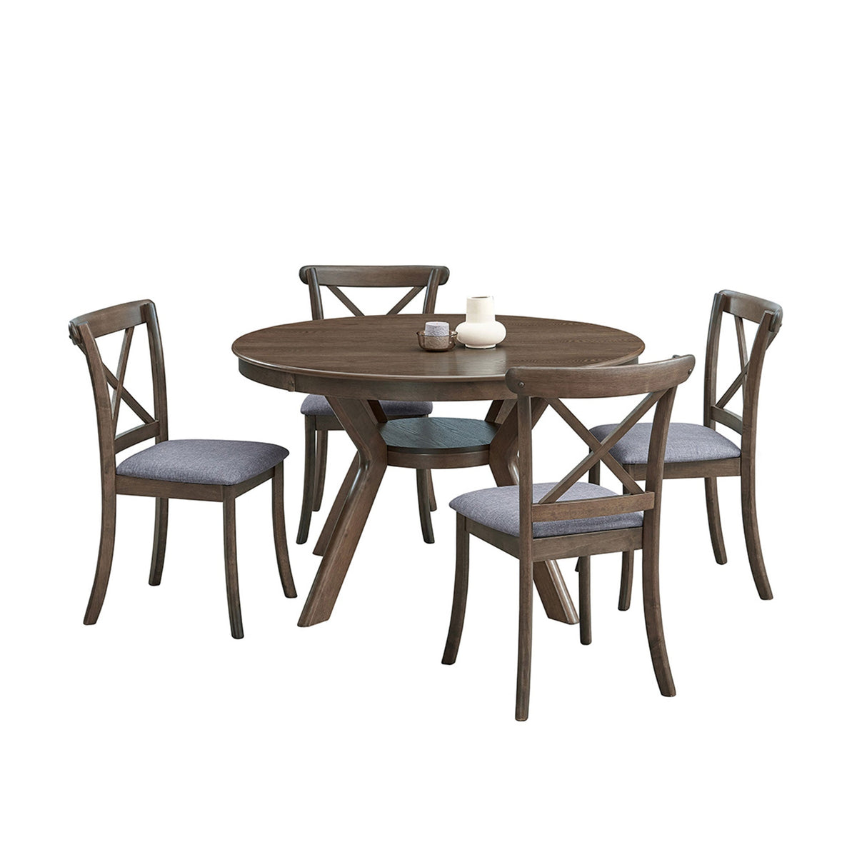 Round Rubber Wood Dining Table with Modern Pedestal Base - Natural Finish