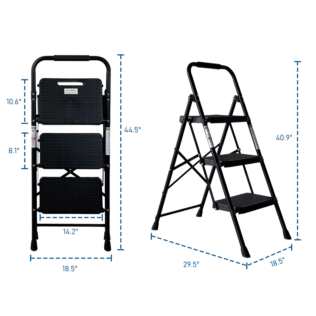 3 Step Ladder Folding Step Stool with Wide Anti-Slip Pedal - Black