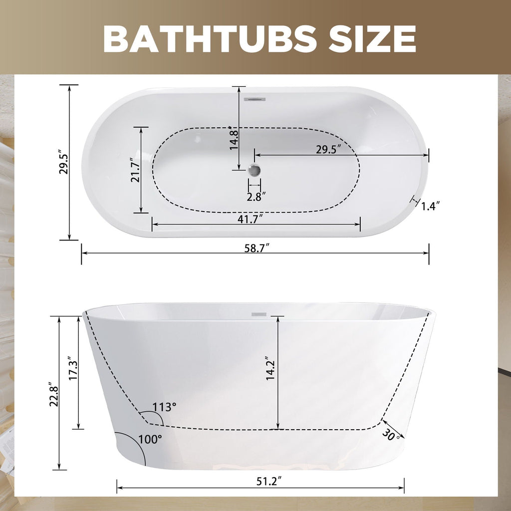 Glossy Freestanding Bathtub with Toe Tap Drain - Multiple Sizes, White or Black
