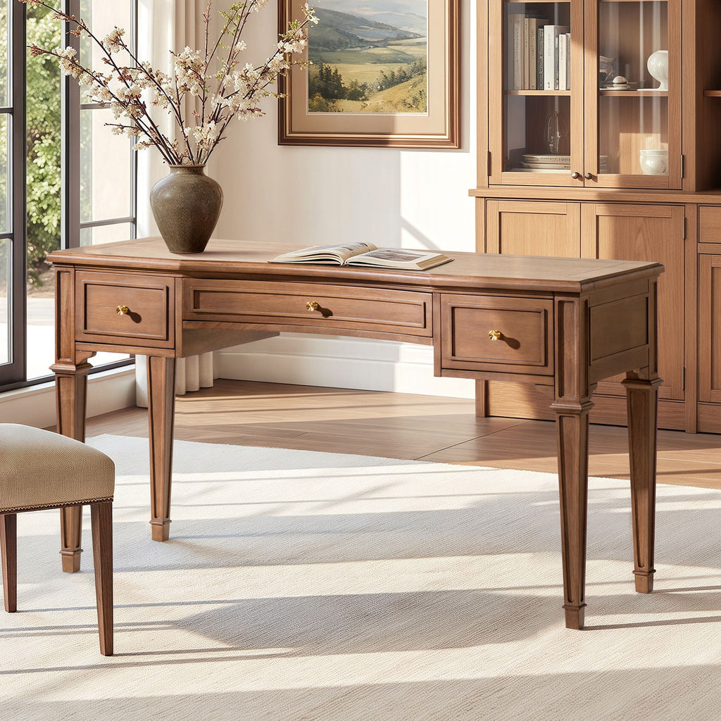 Brown Executive Desk with 3 Drawers - Satin-Gold Hardware