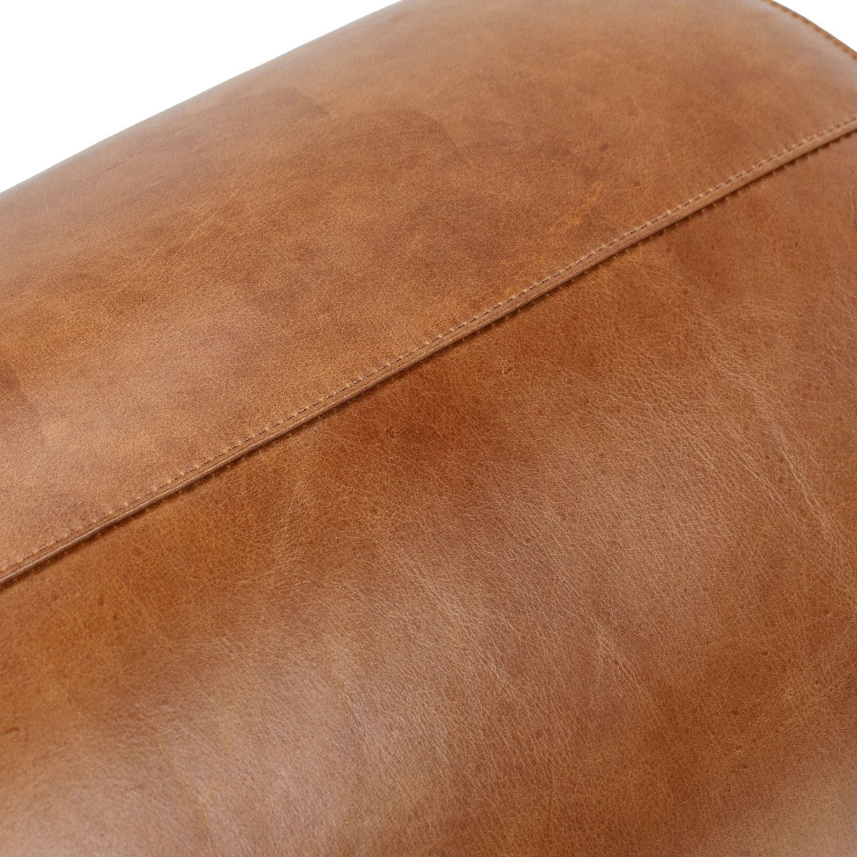 Brown Leather Round Ottoman Stool with Brass Base