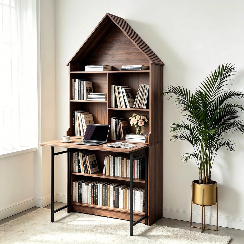 Folding Craft Desk with Storage Shelves - MDF, Space-Saving Convertible Design