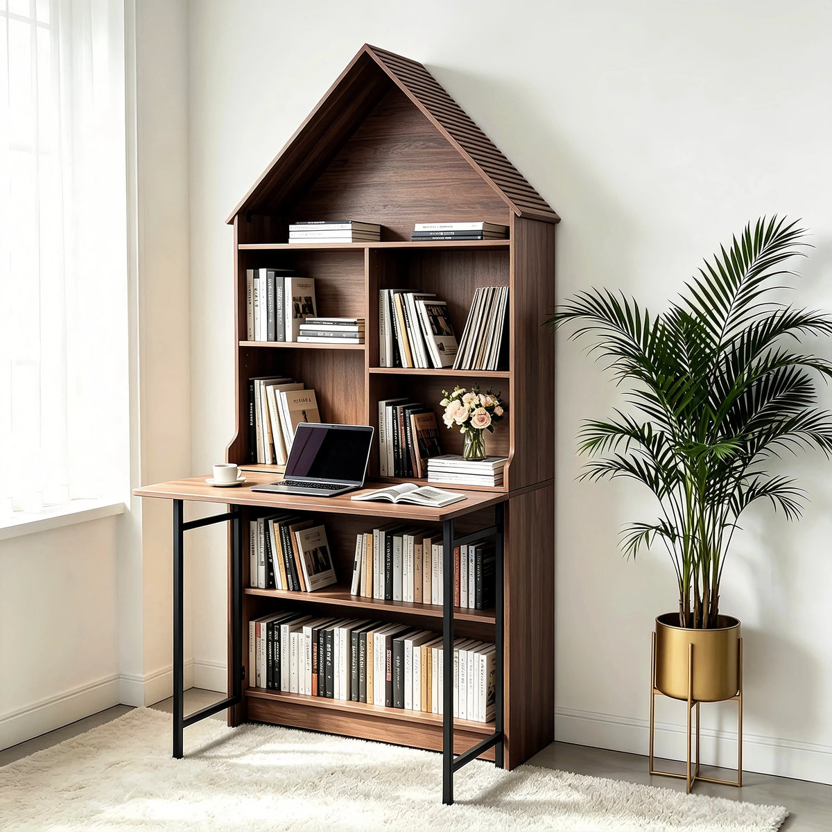 Folding Craft Desk with Storage Shelves - MDF, Space-Saving Convertible Design