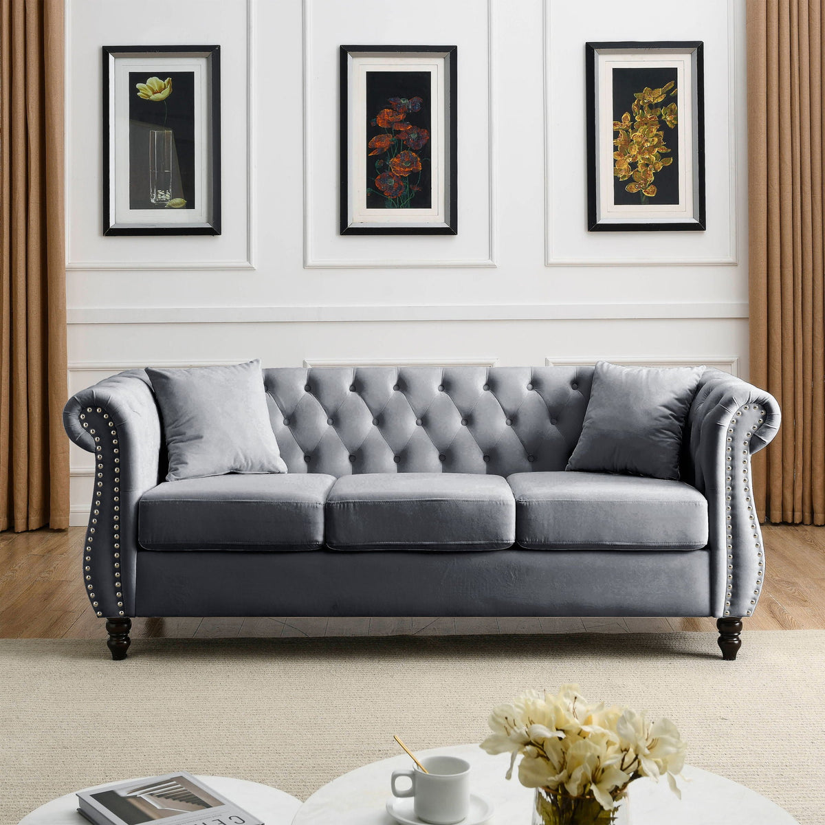 Chesterfield Sofa with Rolled Arms and Nailhead Trim – Solid Wood Frame