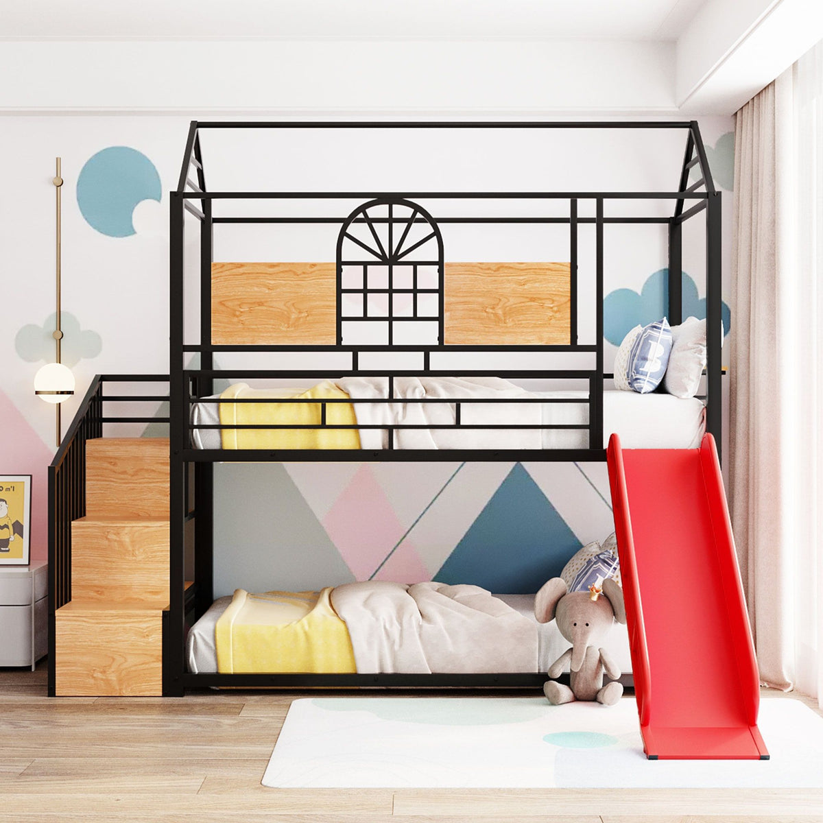 Metal Bunk Bed with Slide and Storage Stairs