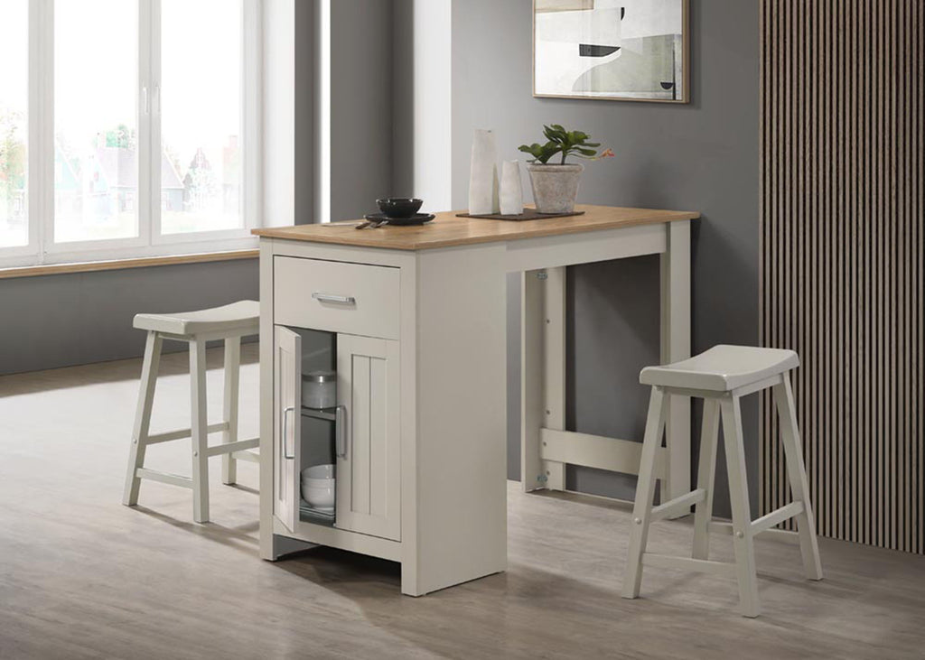 Small Space Counter Height Dining Table with Cabinet and 2 Stools - Gray or Light Brown